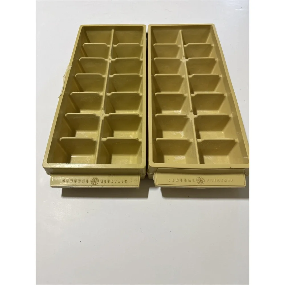 General Electric GE 2 Ice Cube Trays Stacking Harvest Gold Plastic Vintage 1970s